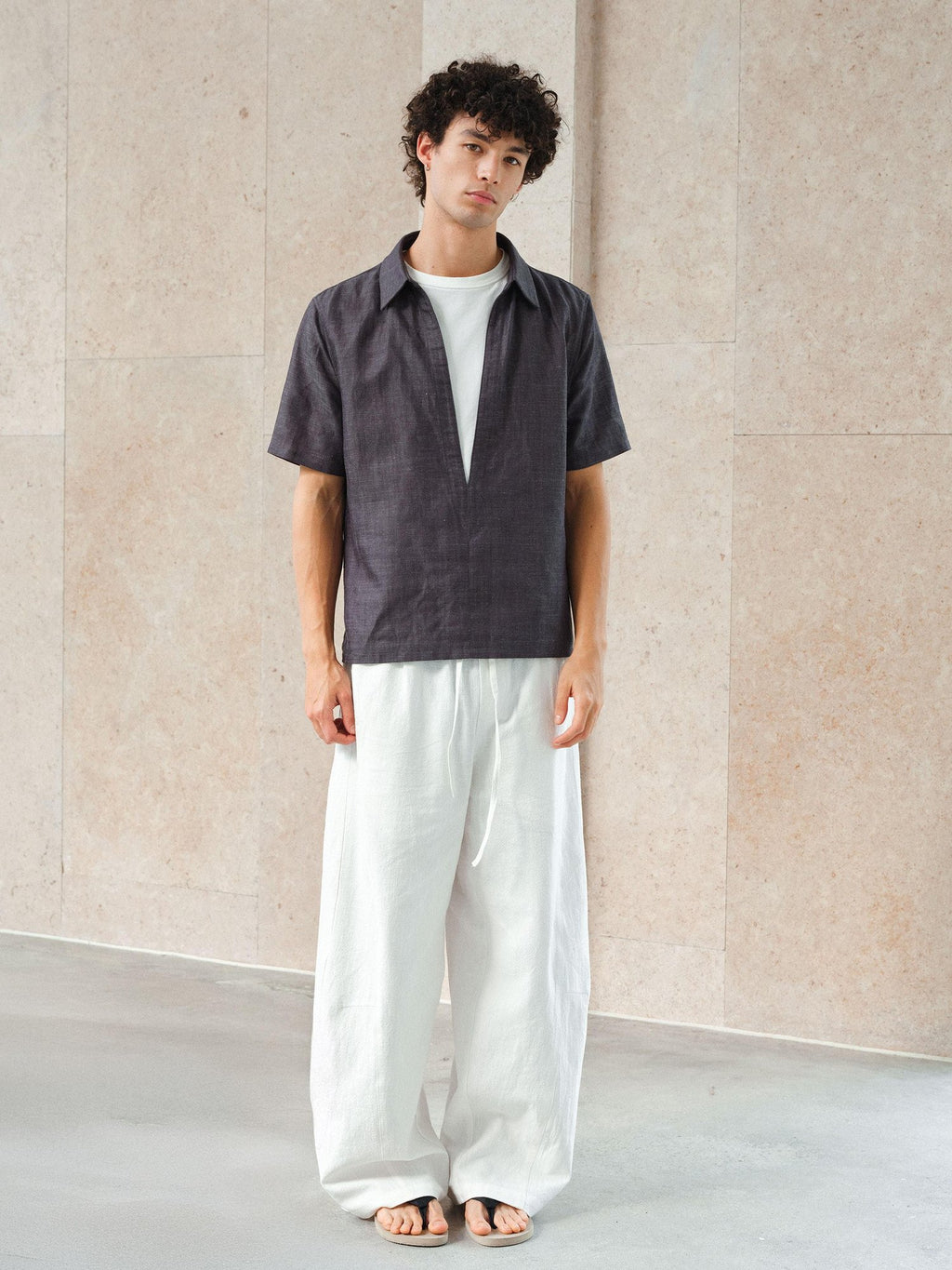 VLABMADE Breathable Lyocell Linen Vneck Layered Loose Unisex Blue Short Sleeve Shirts