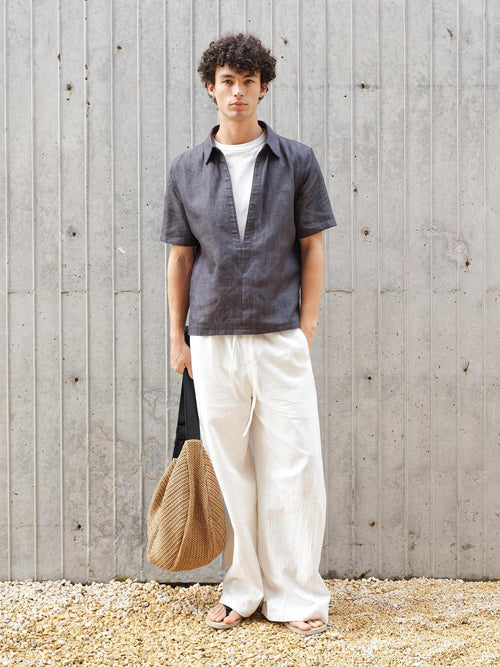 VLABMADE Breathable Lyocell Linen Vneck Layered Loose Unisex Blue Short Sleeve Shirts