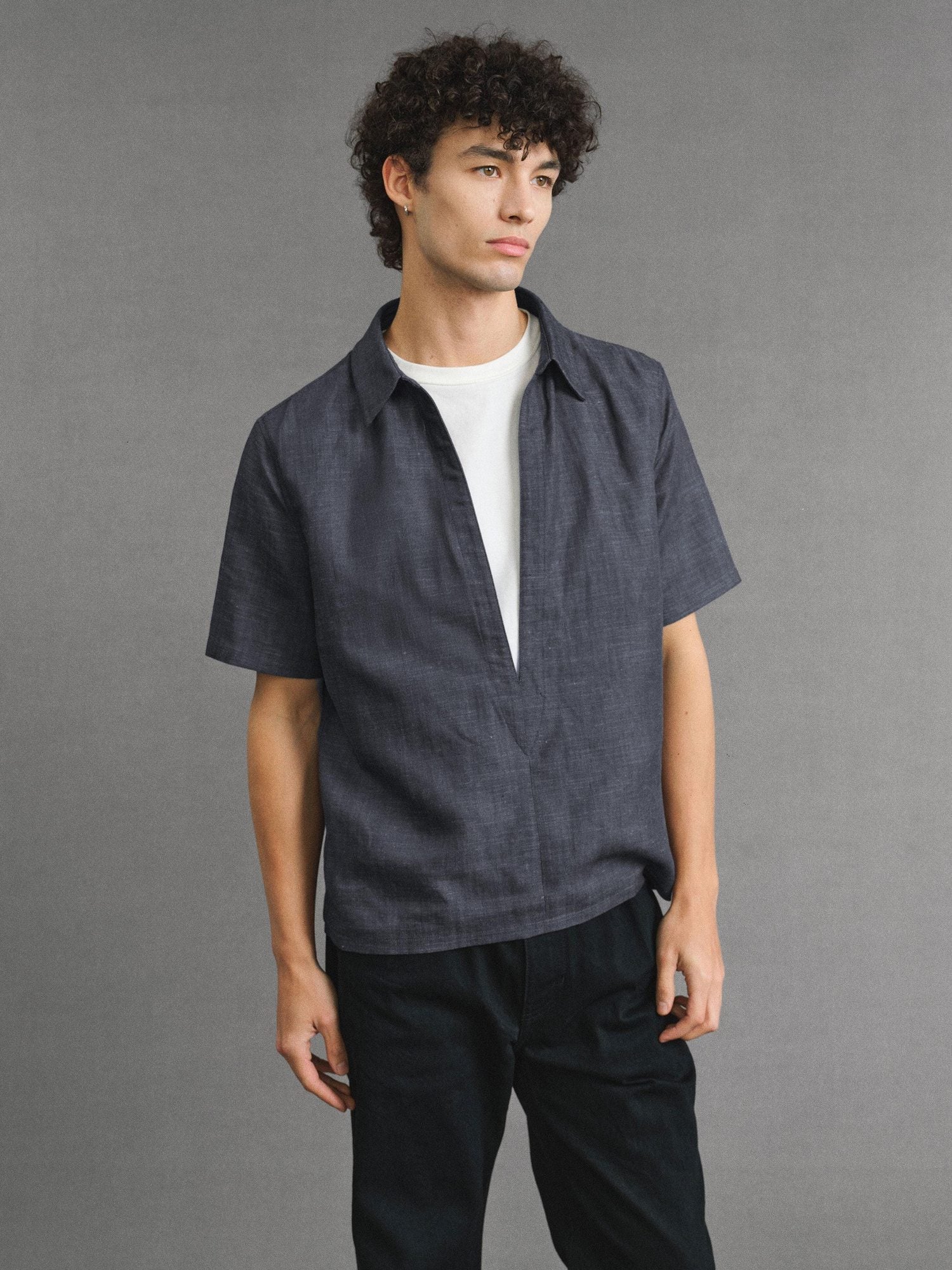 VLABMADE Breathable Lyocell Linen Vneck Layered Loose Unisex Blue Short Sleeve Shirts