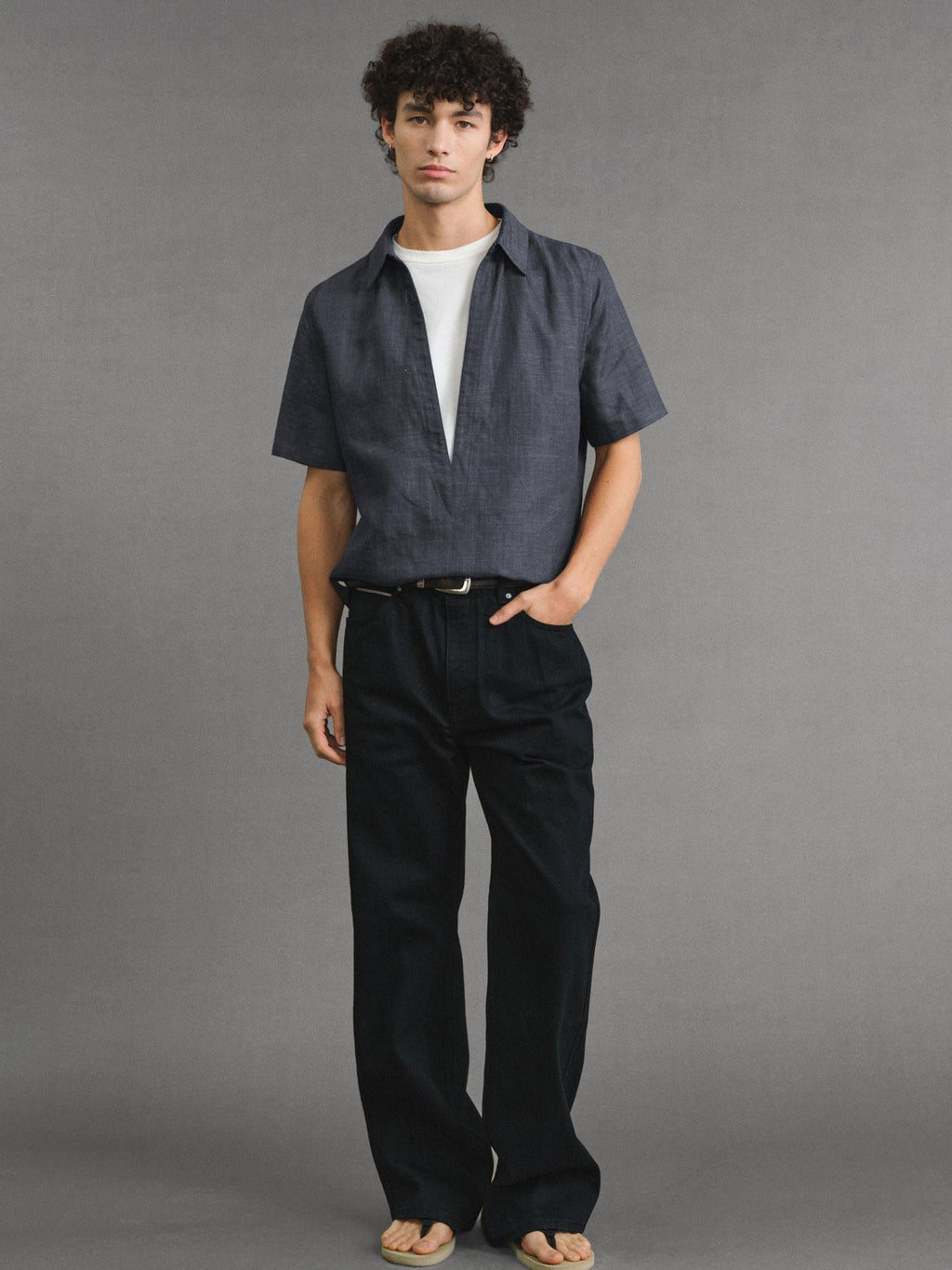 VLABMADE Breathable Lyocell Linen Vneck Layered Loose Unisex Blue Short Sleeve Shirts