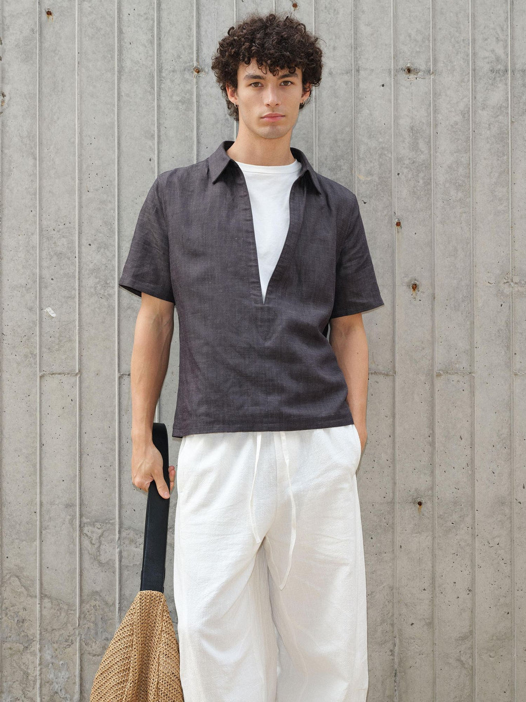 VLABMADE Breathable Lyocell Linen Vneck Layered Loose Unisex Blue Short Sleeve Shirts