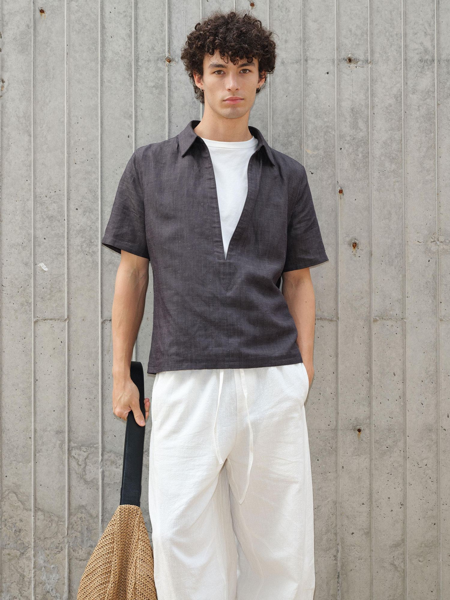 VLABMADE Breathable Lyocell Linen Vneck Layered Loose Unisex Blue Short Sleeve Shirts
