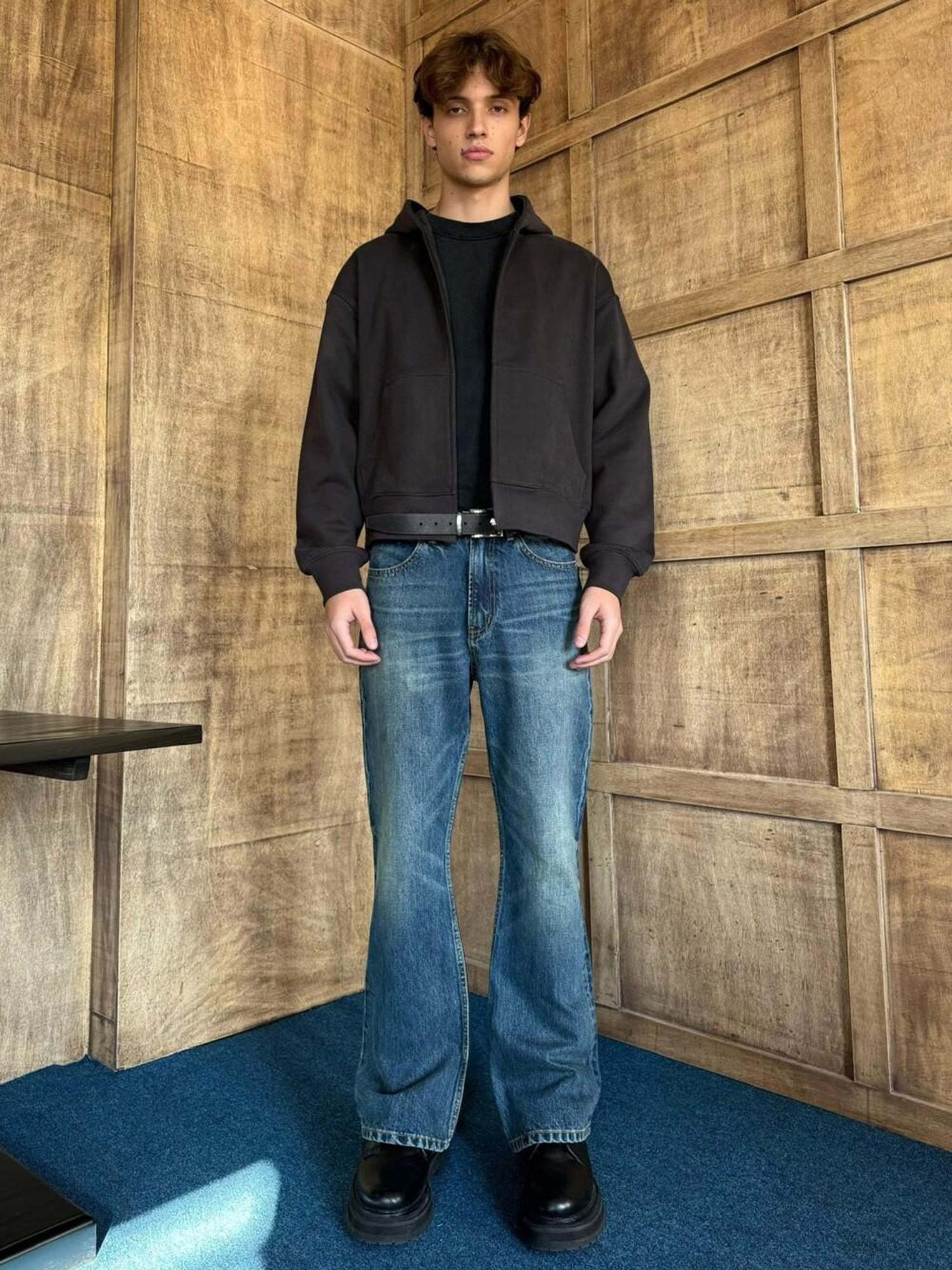 VLABMADE Breathable Micro Stretch Mid Rise Five Pocket Dark Blue Flared Jeans