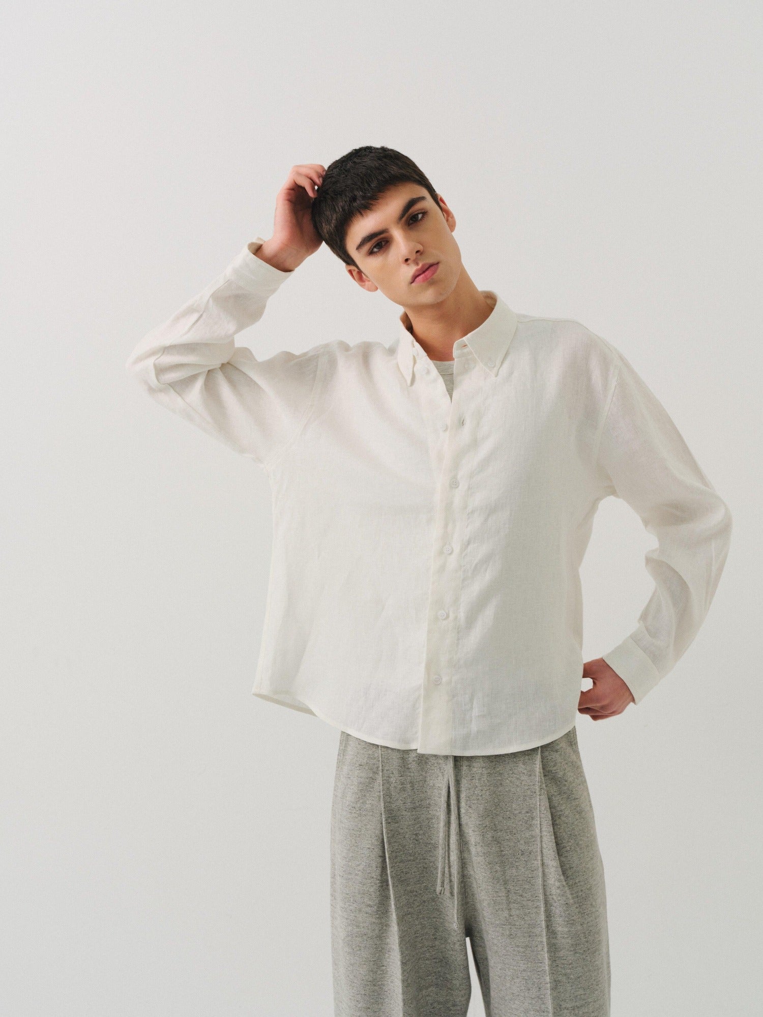 VLABMADE Breathable Ultralight Linen Button Loose Cropped Men Long Sleeve Shirts