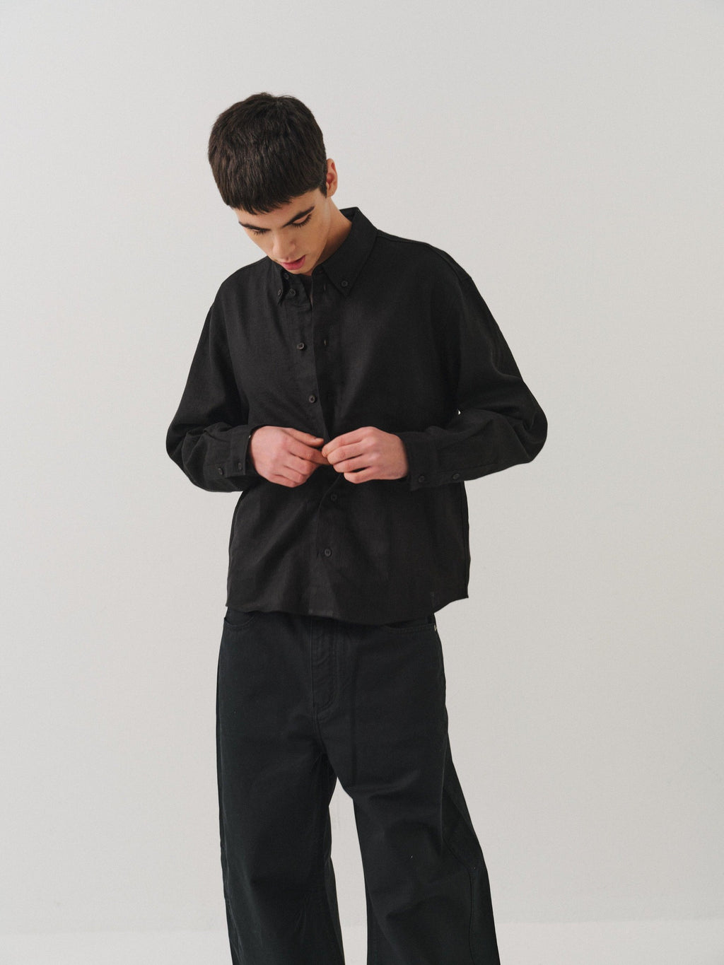 VLABMADE Breathable Ultralight Linen Button Loose Cropped Men Long Sleeve Shirts