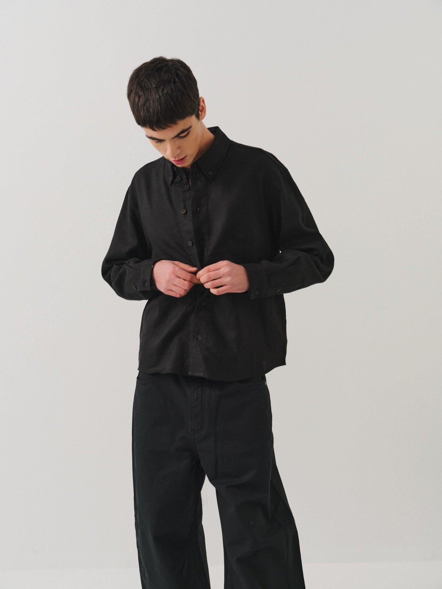 VLABMADE Breathable Ultralight Linen Button Loose Cropped Men Long Sleeve Shirts