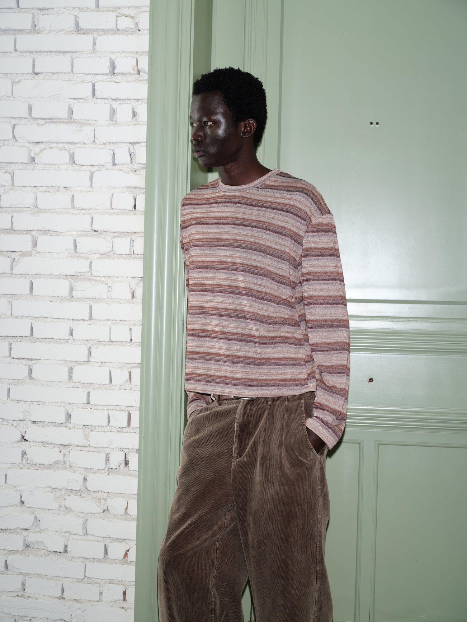 VLABMADE Breathable Wrinkle Resistant Washed Striped Loose Unisex Long Sleeve T-Shirts