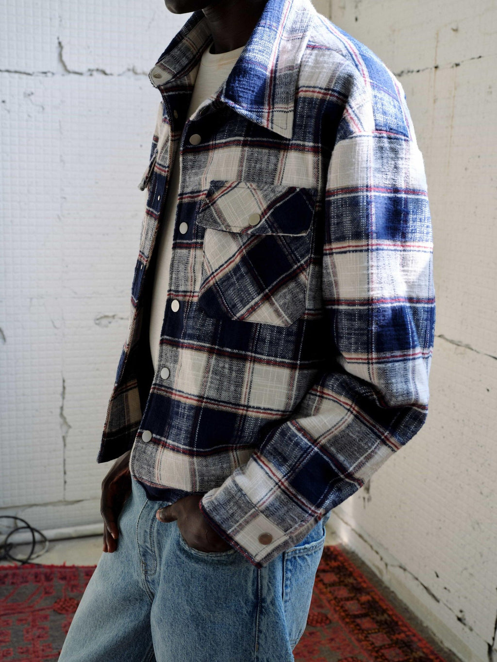 VLABMADE Brushed Cotton Blend Loose Fit Patch Pocket Button Unisex Checked Overshirts