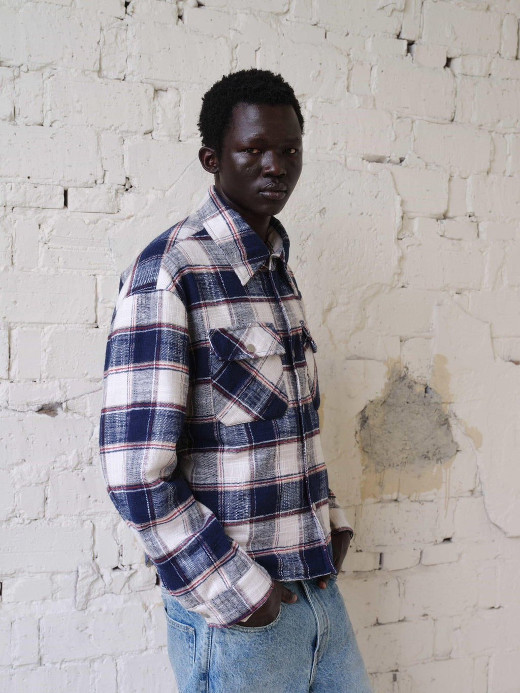 VLABMADE Brushed Cotton Blend Loose Fit Patch Pocket Button Unisex Checked Overshirts