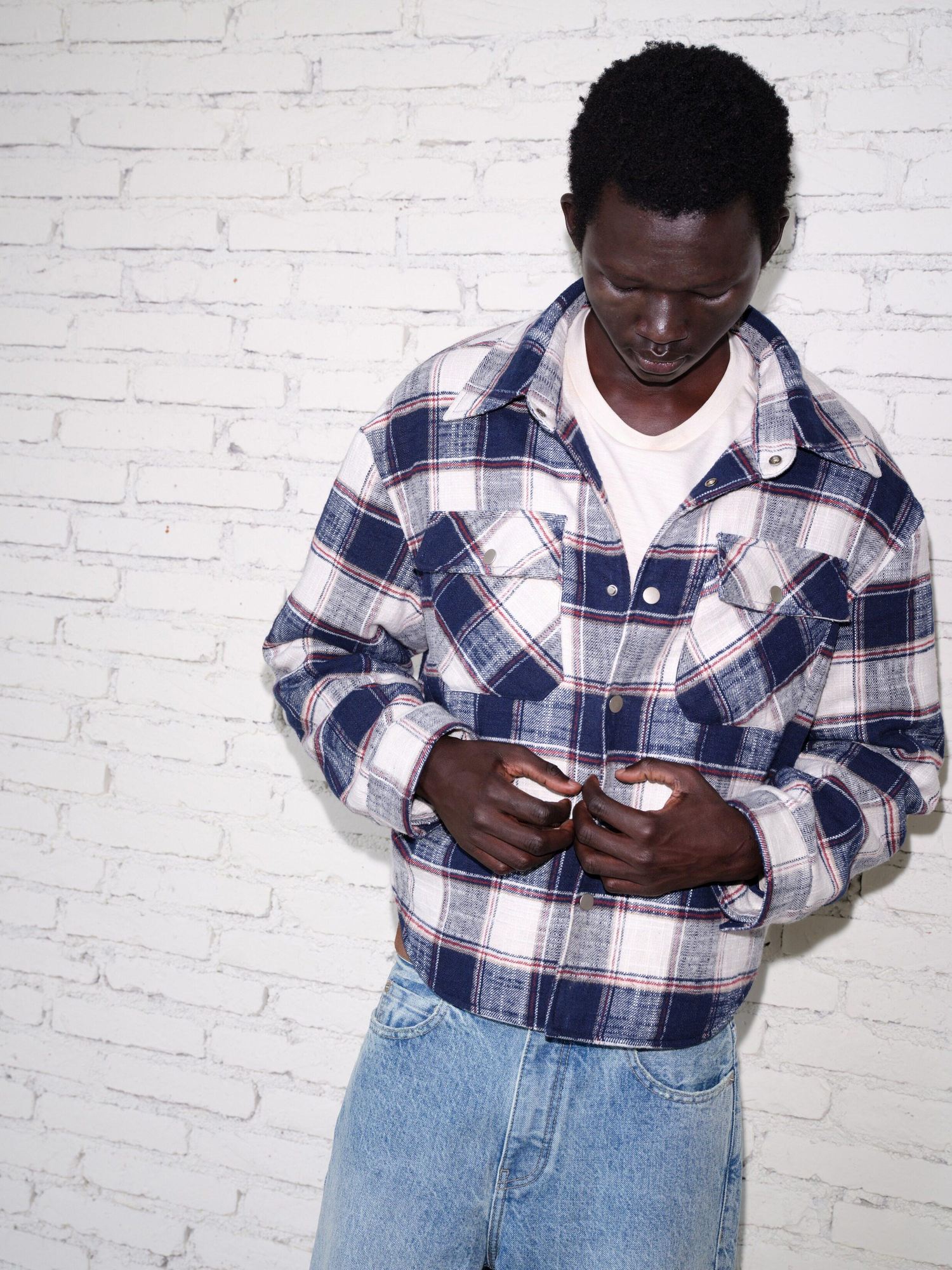 VLABMADE Brushed Cotton Blend Loose Fit Patch Pocket Button Unisex Checked Overshirts
