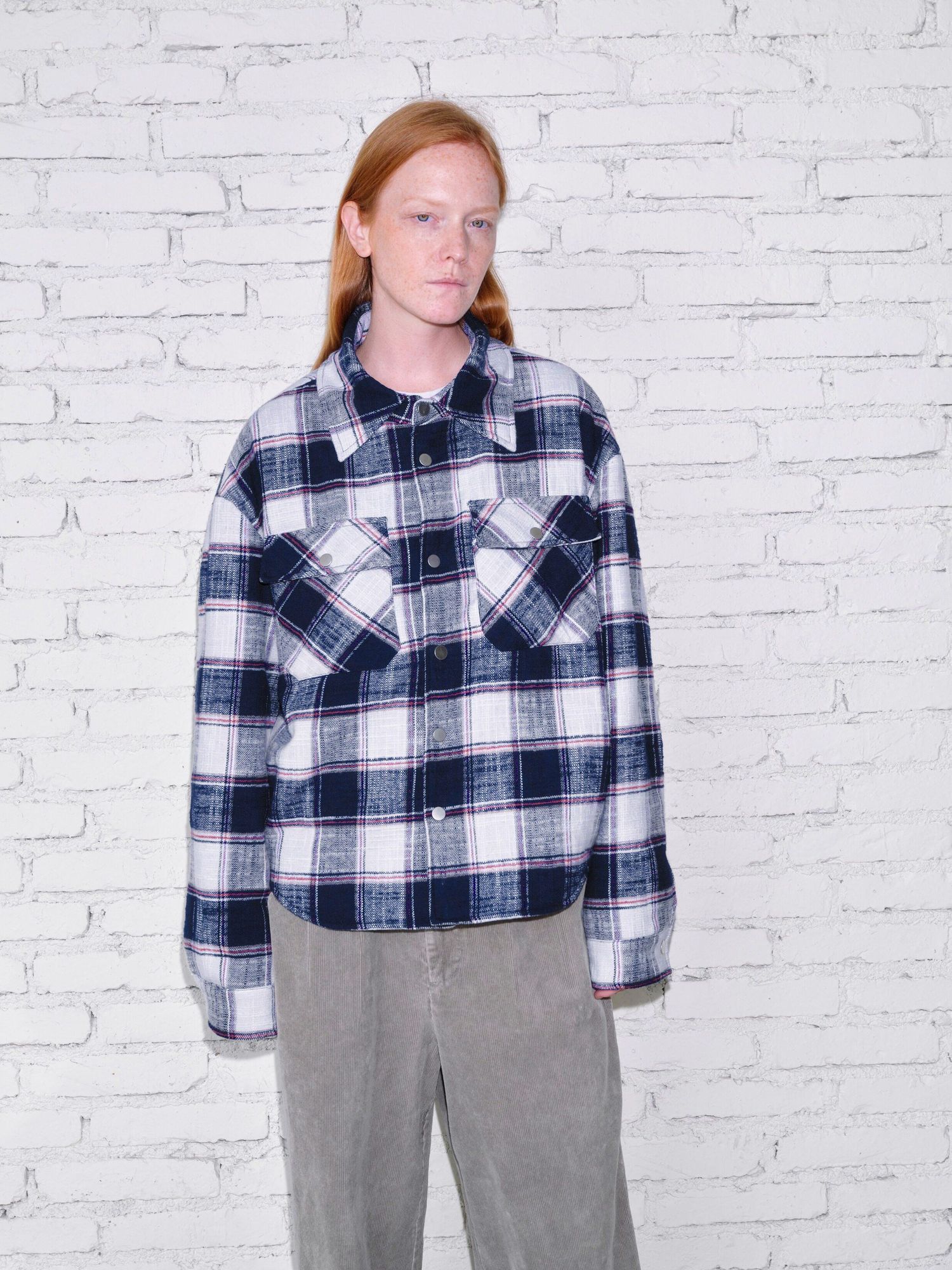 VLABMADE Brushed Cotton Blend Loose Fit Patch Pocket Button Unisex Checked Overshirts