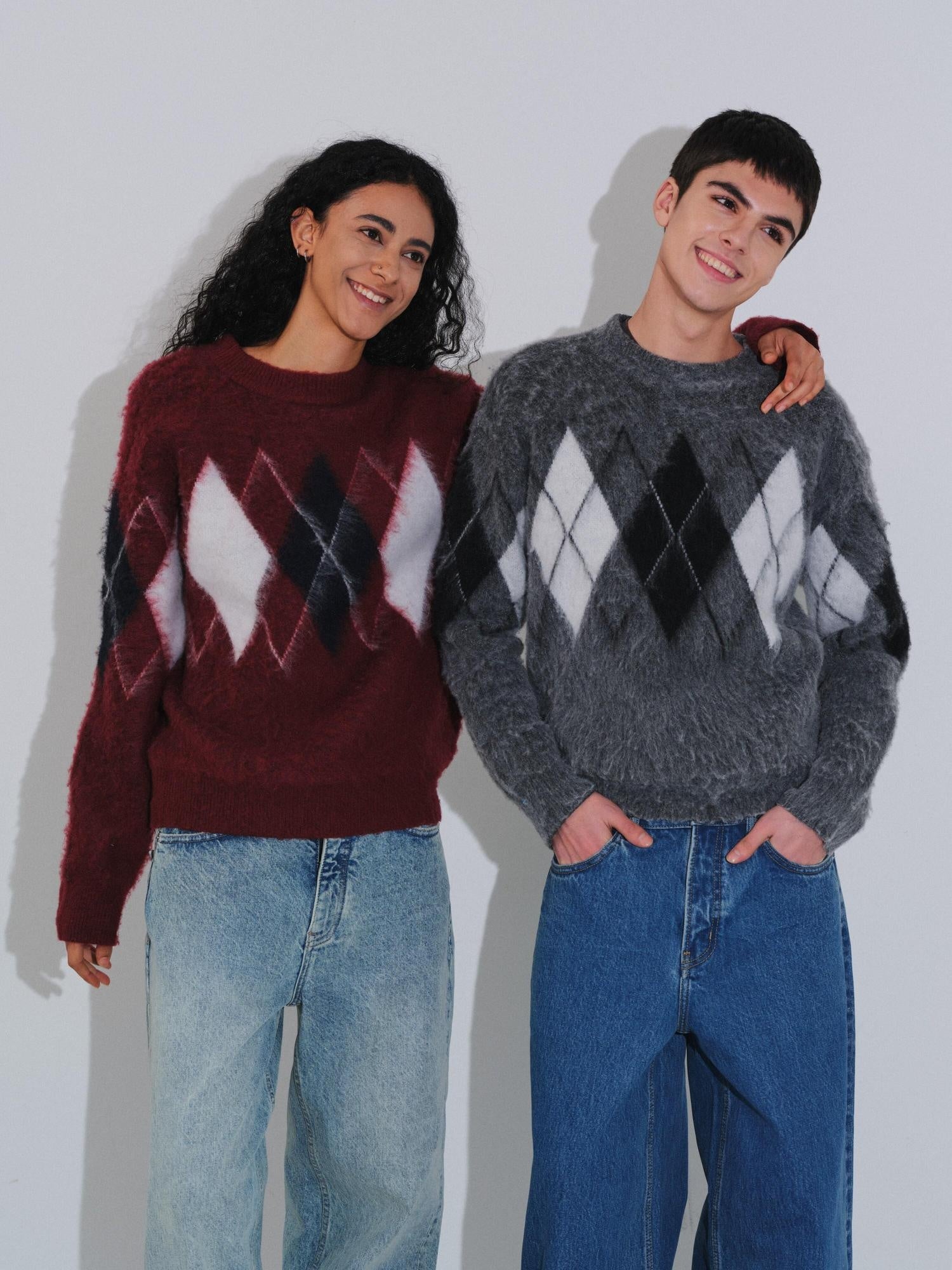 VLABMADE Brushed Wool Blend Cropped Relaxed Diamond Knit Unisex Crewneck Sweaters