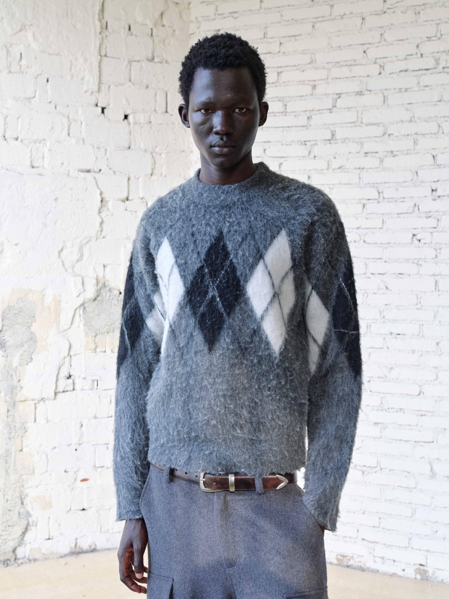 VLABMADE Brushed Wool Blend Cropped Relaxed Diamond Knit Unisex Crewneck Sweaters