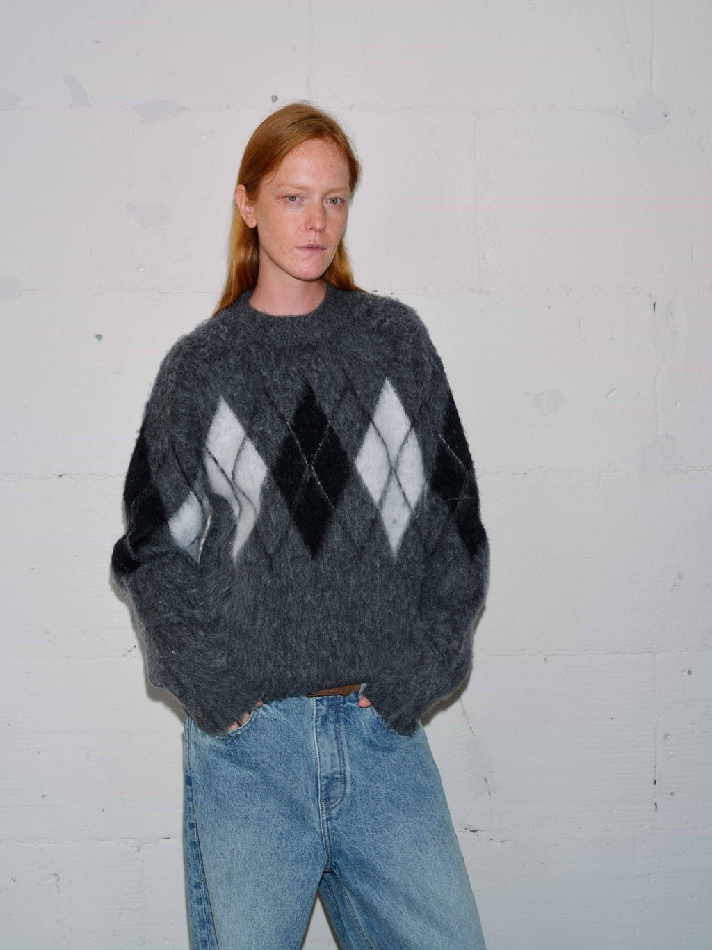 VLABMADE Brushed Wool Blend Cropped Relaxed Diamond Knit Unisex Crewneck Sweaters