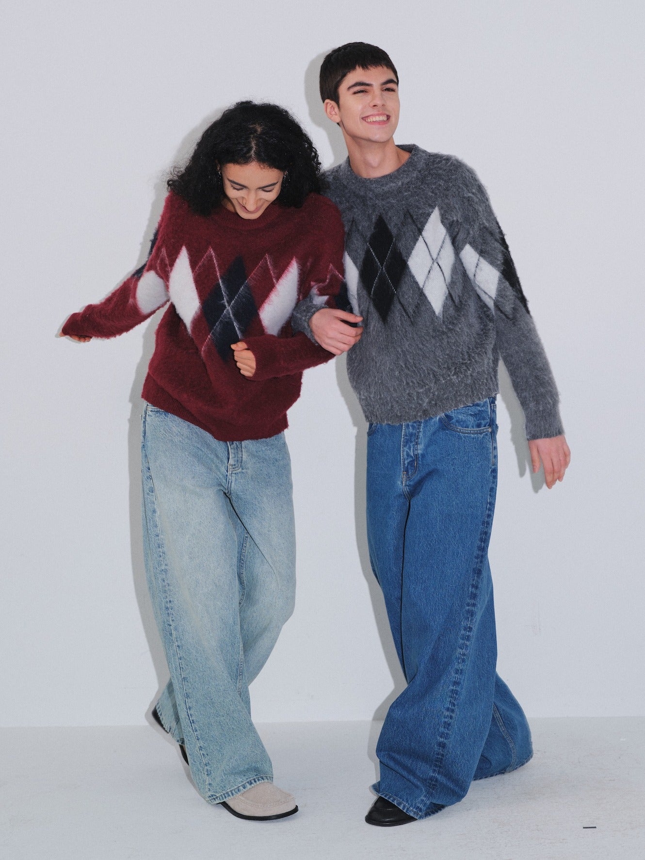 VLABMADE Brushed Wool Blend Cropped Relaxed Diamond Knit Unisex Crewneck Sweaters