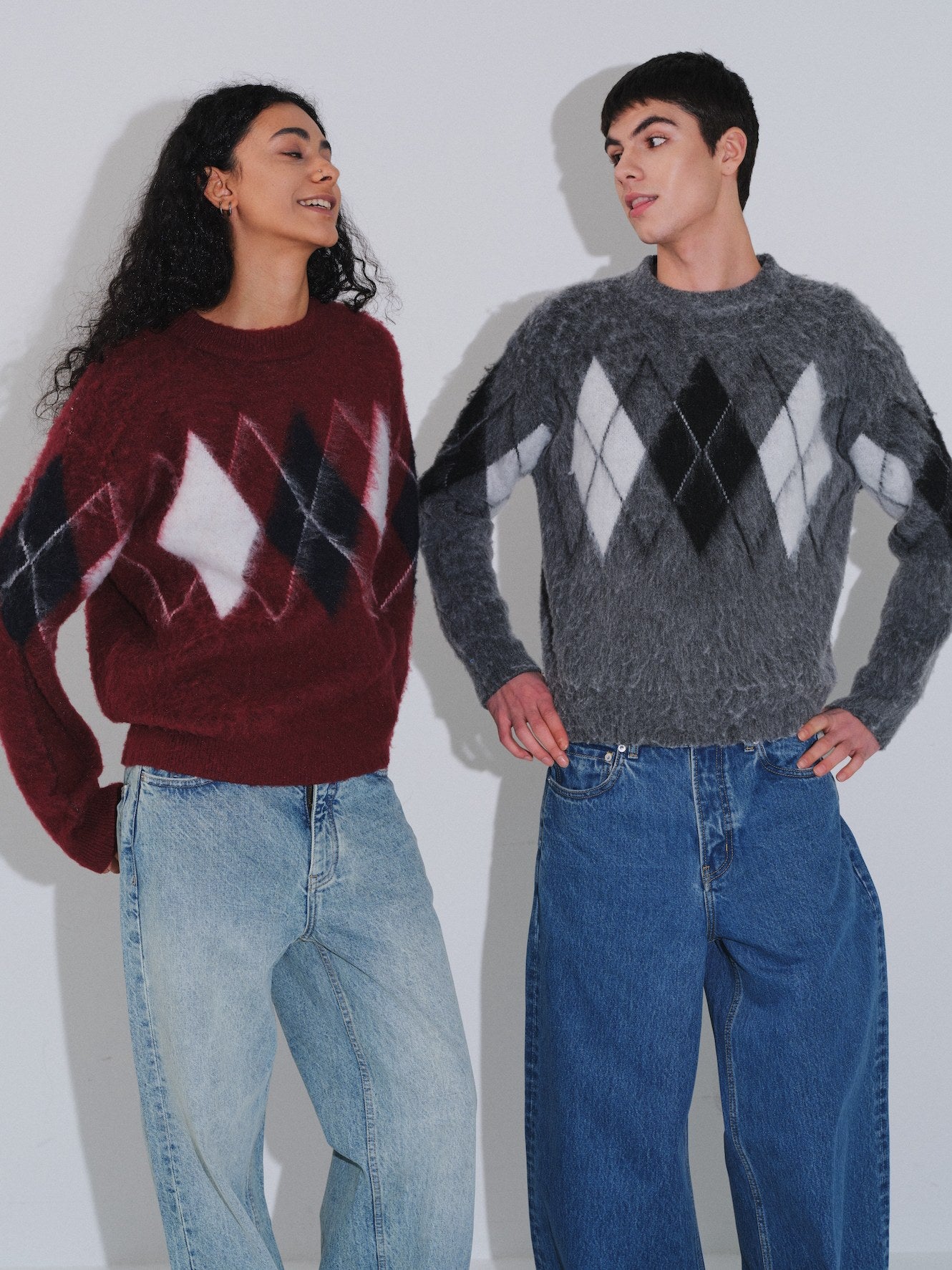 VLABMADE Brushed Wool Blend Cropped Relaxed Diamond Knit Unisex Crewneck Sweaters