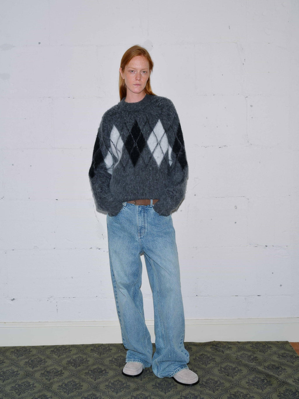 VLABMADE Brushed Wool Blend Cropped Relaxed Diamond Knit Unisex Crewneck Sweaters