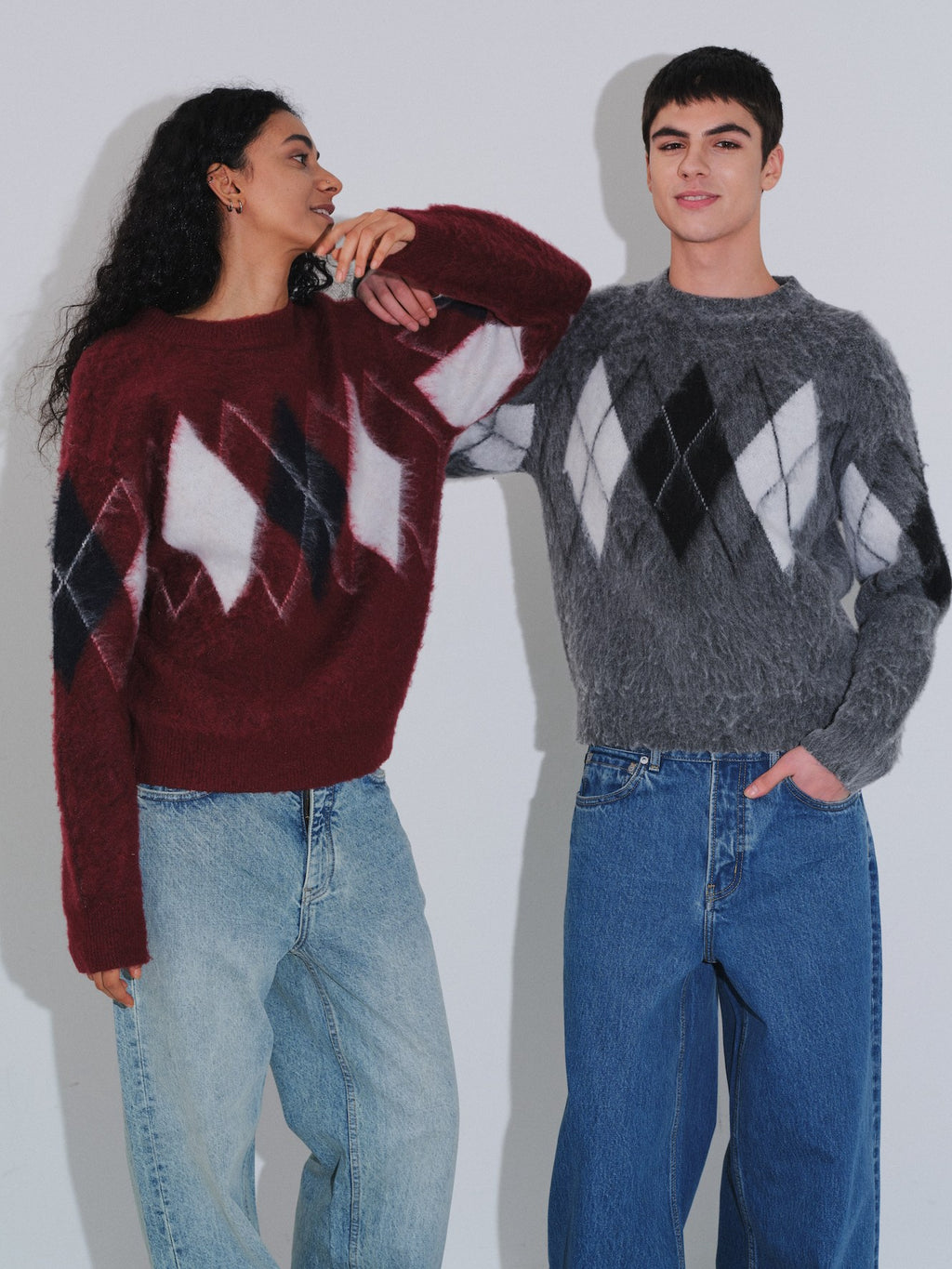 VLABMADE Brushed Wool Blend Cropped Relaxed Diamond Knit Unisex Crewneck Sweaters