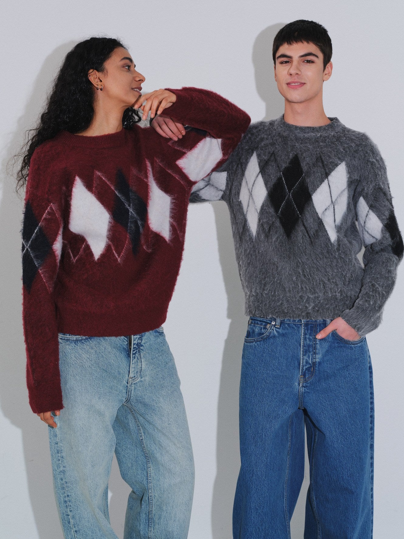 VLABMADE Brushed Wool Blend Cropped Relaxed Diamond Knit Unisex Crewneck Sweaters