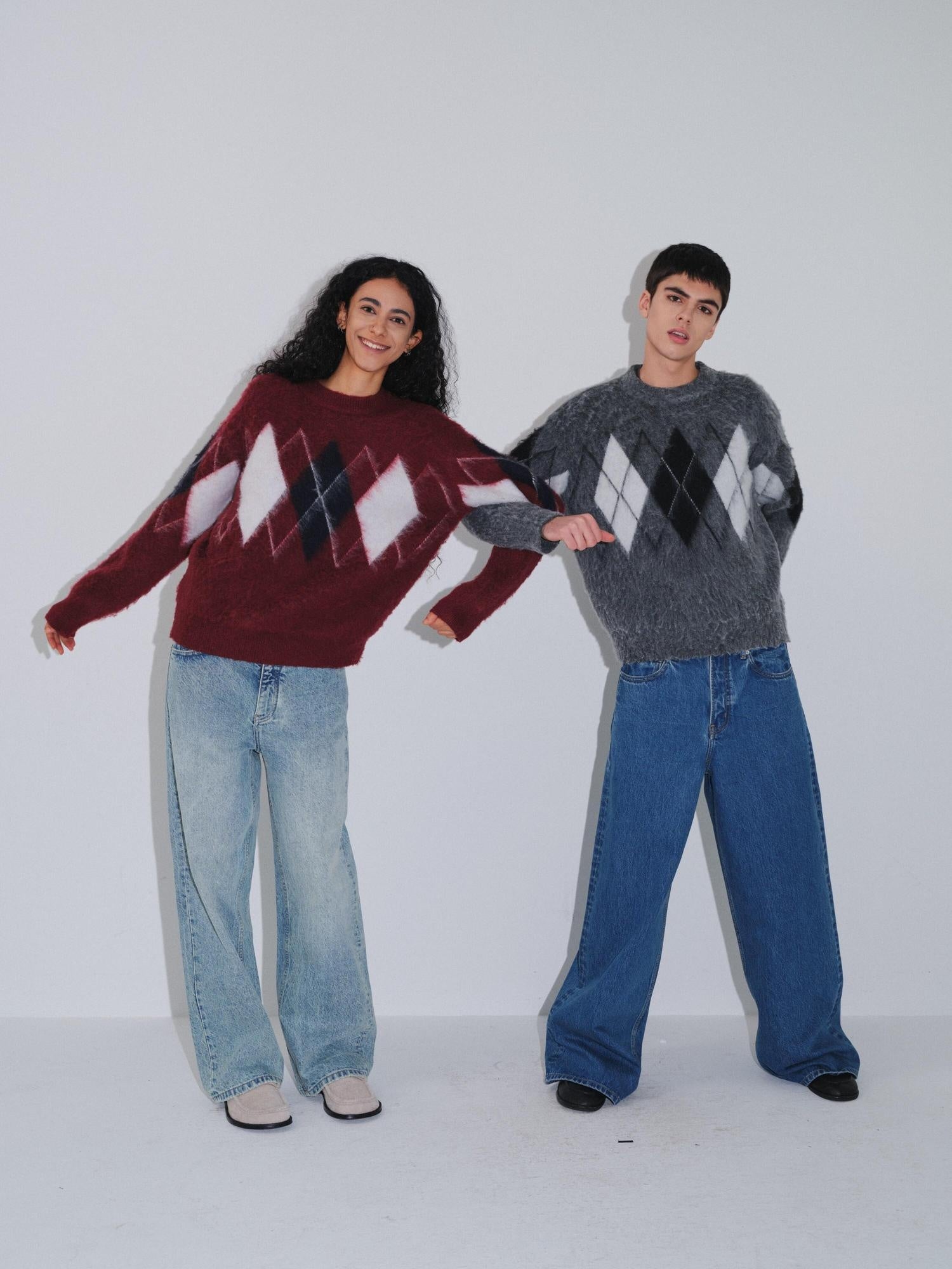 VLABMADE Brushed Wool Blend Cropped Relaxed Diamond Knit Unisex Crewneck Sweaters