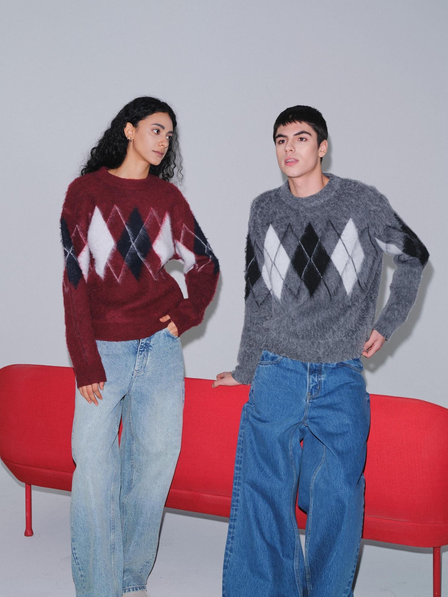 VLABMADE Brushed Wool Blend Cropped Relaxed Diamond Knit Unisex Crewneck Sweaters