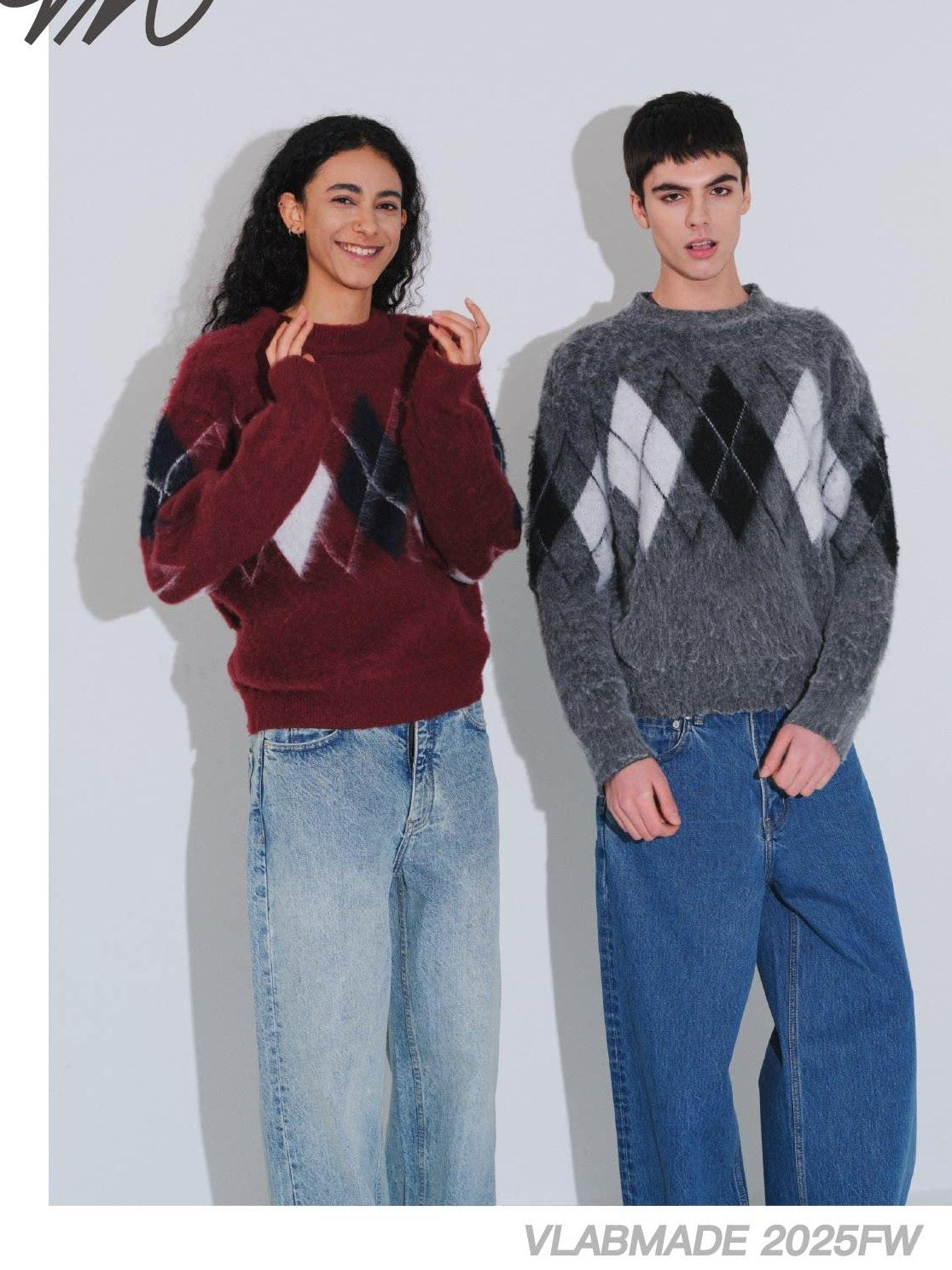 VLABMADE Brushed Wool Blend Cropped Relaxed Diamond Knit Unisex Crewneck Sweaters