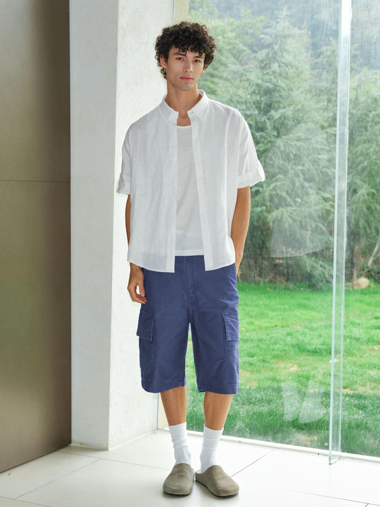 VLABMADE Cooling No Iron Linen Blend Loose Fit Hidden Placket Unisex Short Sleeve Shirts