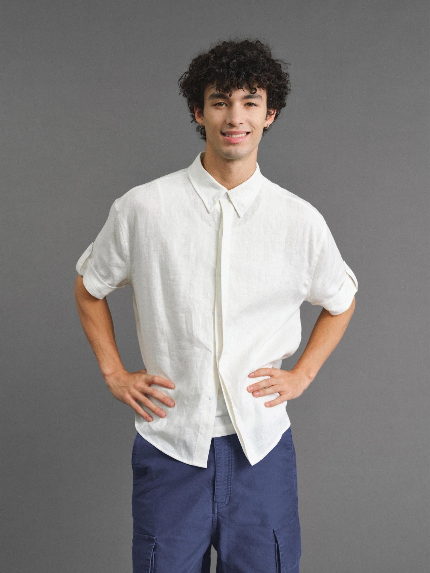 VLABMADE Cooling No Iron Linen Blend Loose Fit Hidden Placket Unisex Short Sleeve Shirts