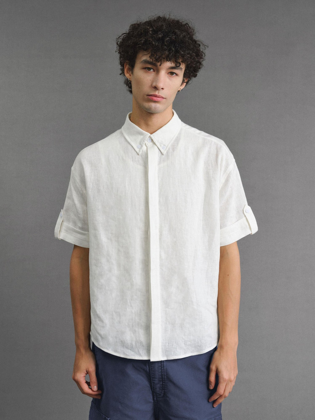 VLABMADE Cooling No Iron Linen Blend Loose Fit Hidden Placket Unisex Short Sleeve Shirts