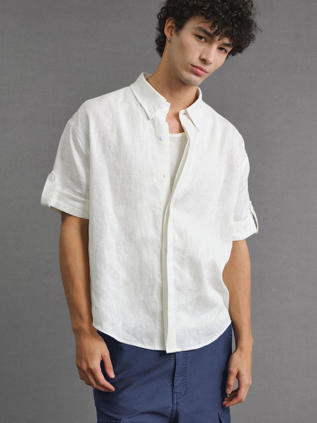 VLABMADE Cooling No Iron Linen Blend Loose Fit Hidden Placket Unisex Short Sleeve Shirts