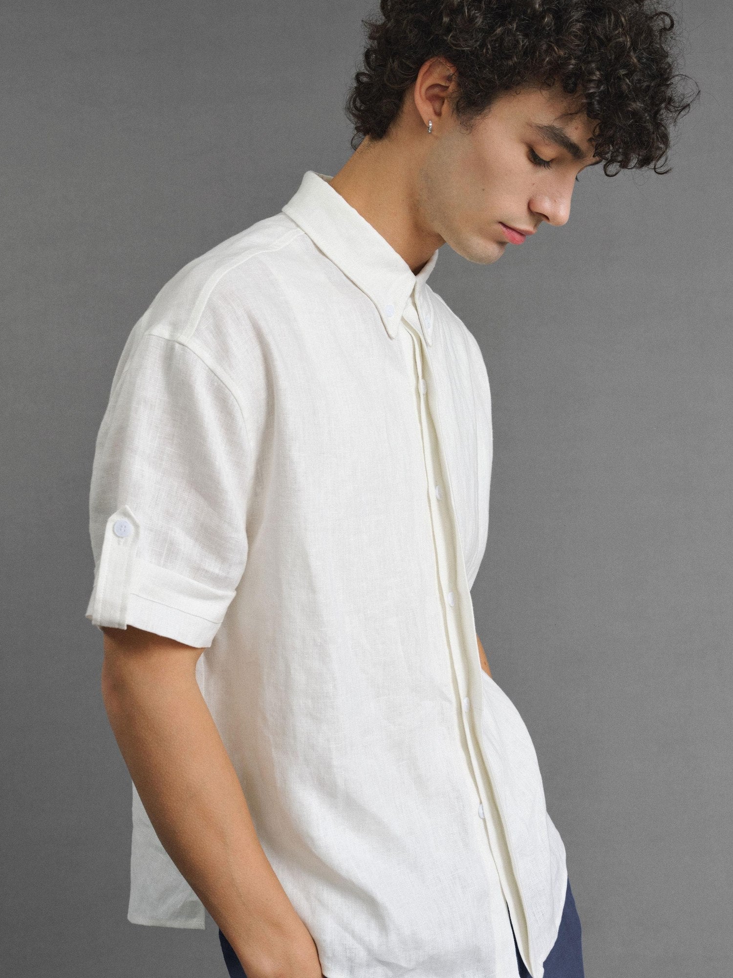 VLABMADE Cooling No Iron Linen Blend Loose Fit Hidden Placket Unisex Short Sleeve Shirts