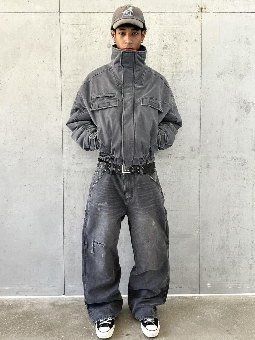 VLABMADE Cotton Distressed Loose Fit Short Stand Collar Pockets Rib Hem Men Work Jackets