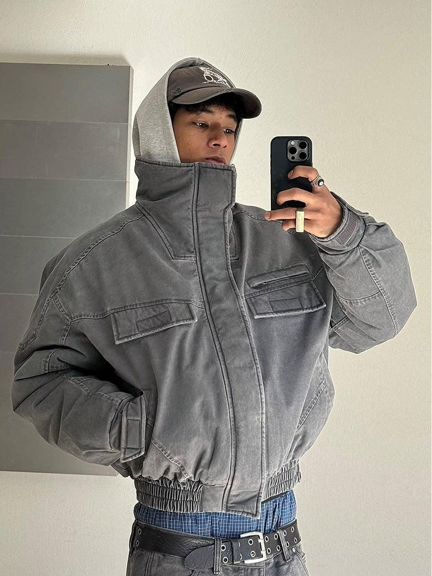 VLABMADE Cotton Distressed Loose Fit Short Stand Collar Pockets Rib Hem Men Work Jackets