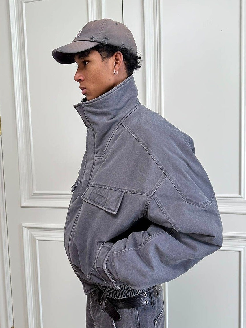 VLABMADE Cotton Distressed Loose Fit Short Stand Collar Pockets Rib Hem Men Work Jackets