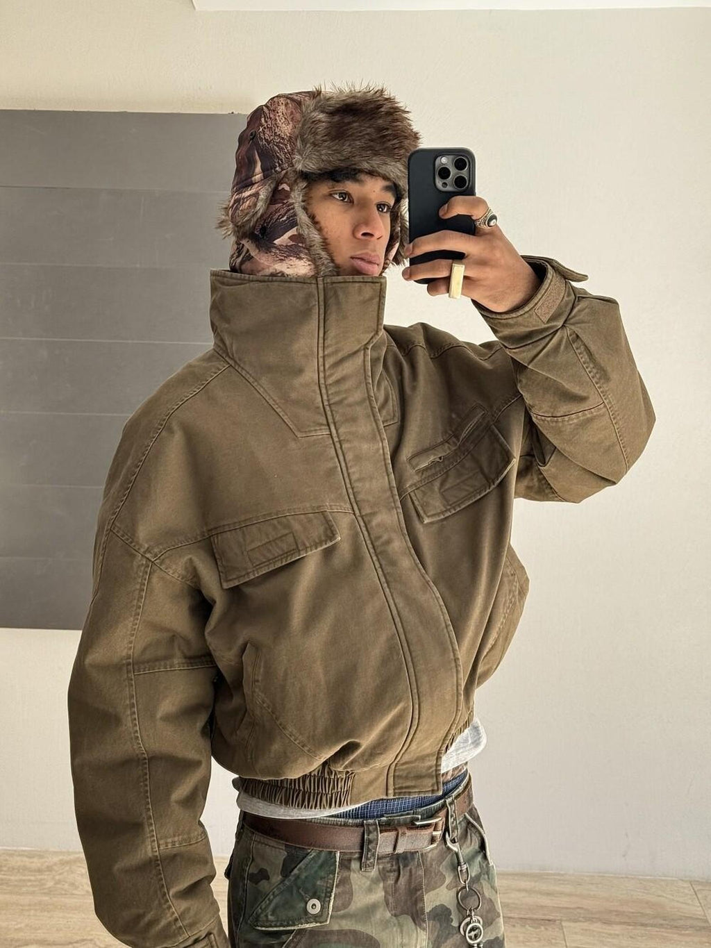 VLABMADE Cotton Distressed Loose Fit Short Stand Collar Pockets Rib Hem Men Work Jackets