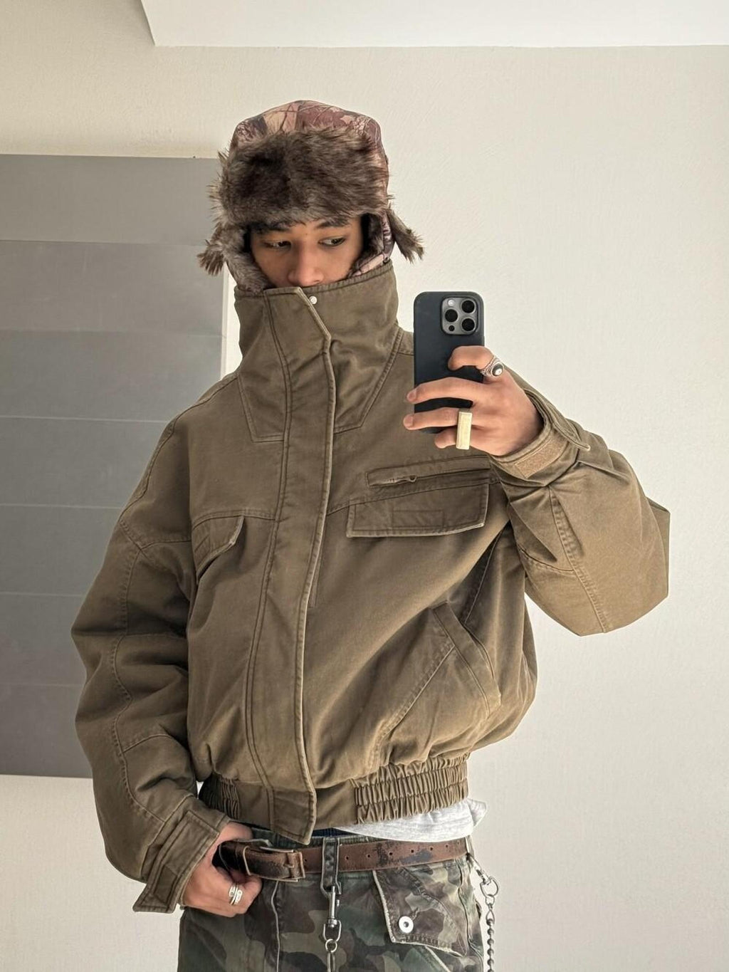 VLABMADE Cotton Distressed Loose Fit Short Stand Collar Pockets Rib Hem Men Work Jackets