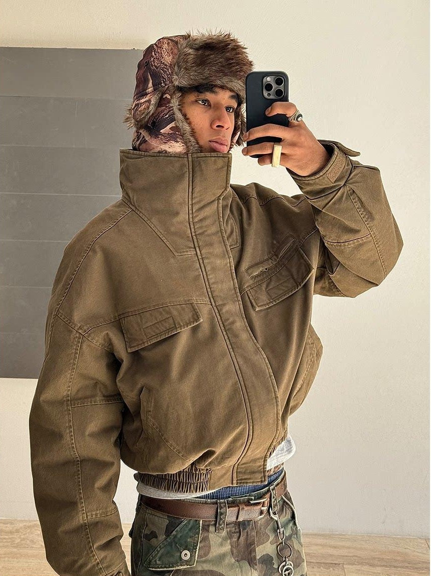 VLABMADE Cotton Distressed Loose Fit Short Stand Collar Pockets Rib Hem Men Work Jackets
