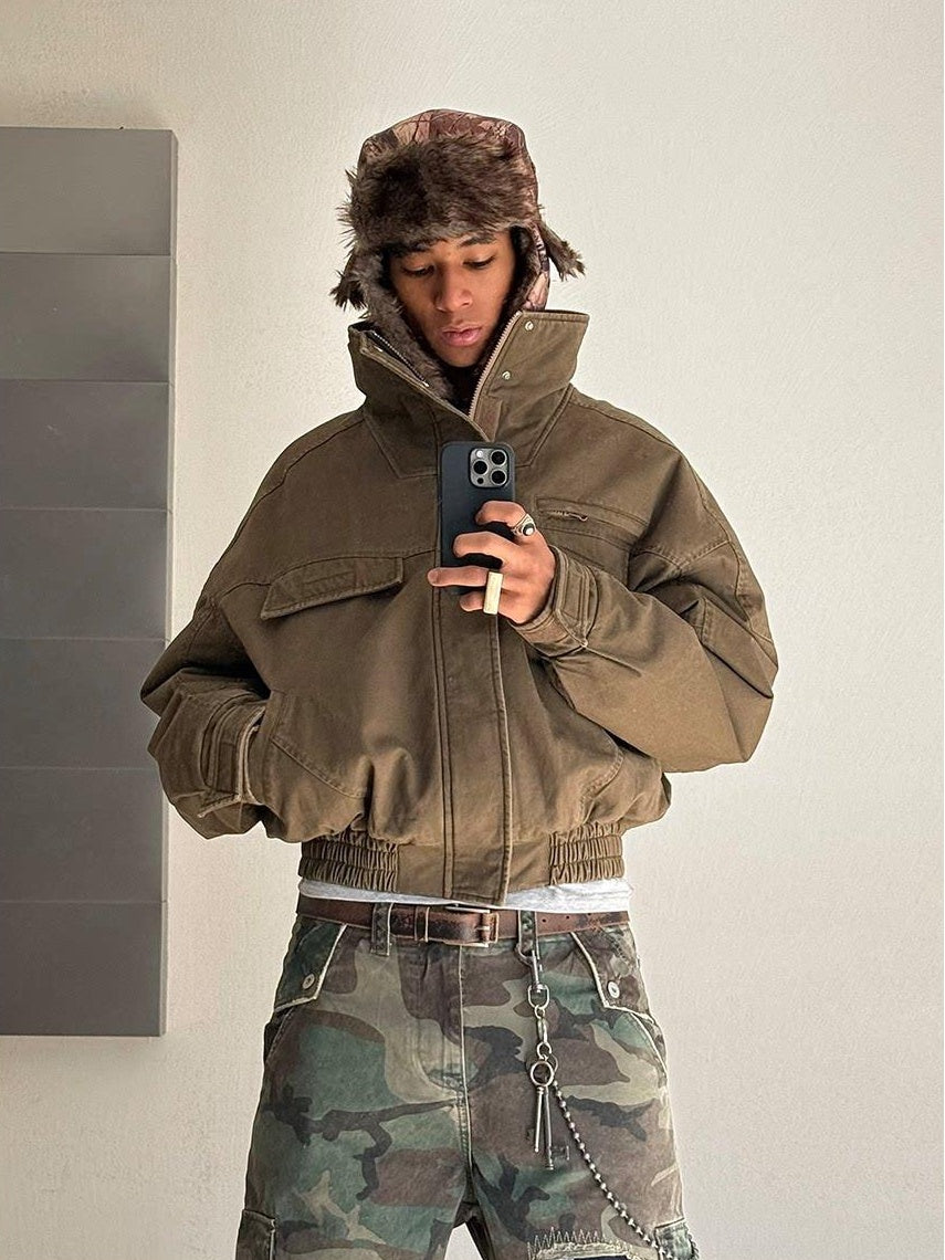 VLABMADE Cotton Distressed Loose Fit Short Stand Collar Pockets Rib Hem Men Work Jackets
