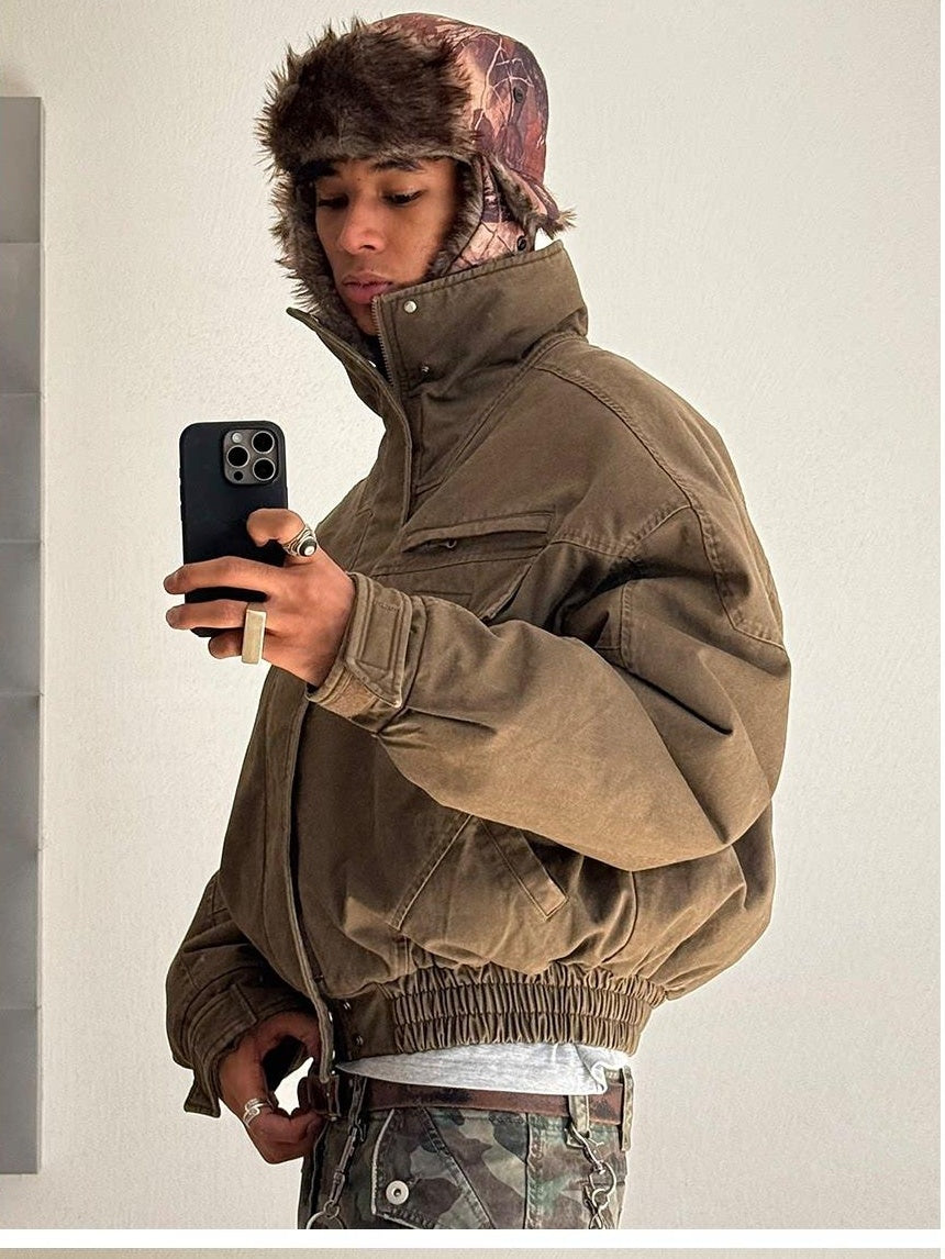 VLABMADE Cotton Distressed Loose Fit Short Stand Collar Pockets Rib Hem Men Work Jackets