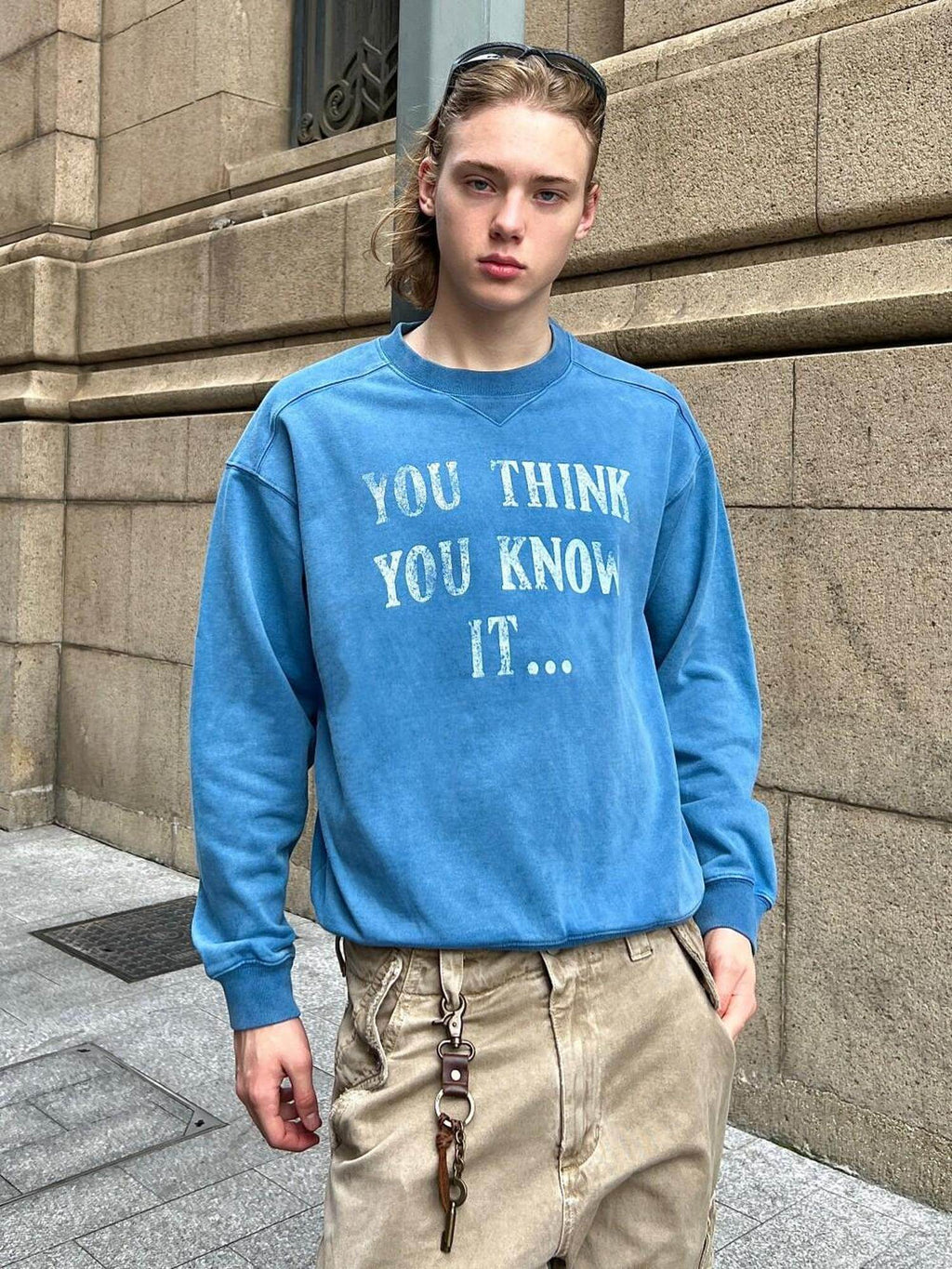 VLABMADE Cotton Terry Printed Loose Fit Drop Shoulder Casual Men Blue Crew Sweatshirts