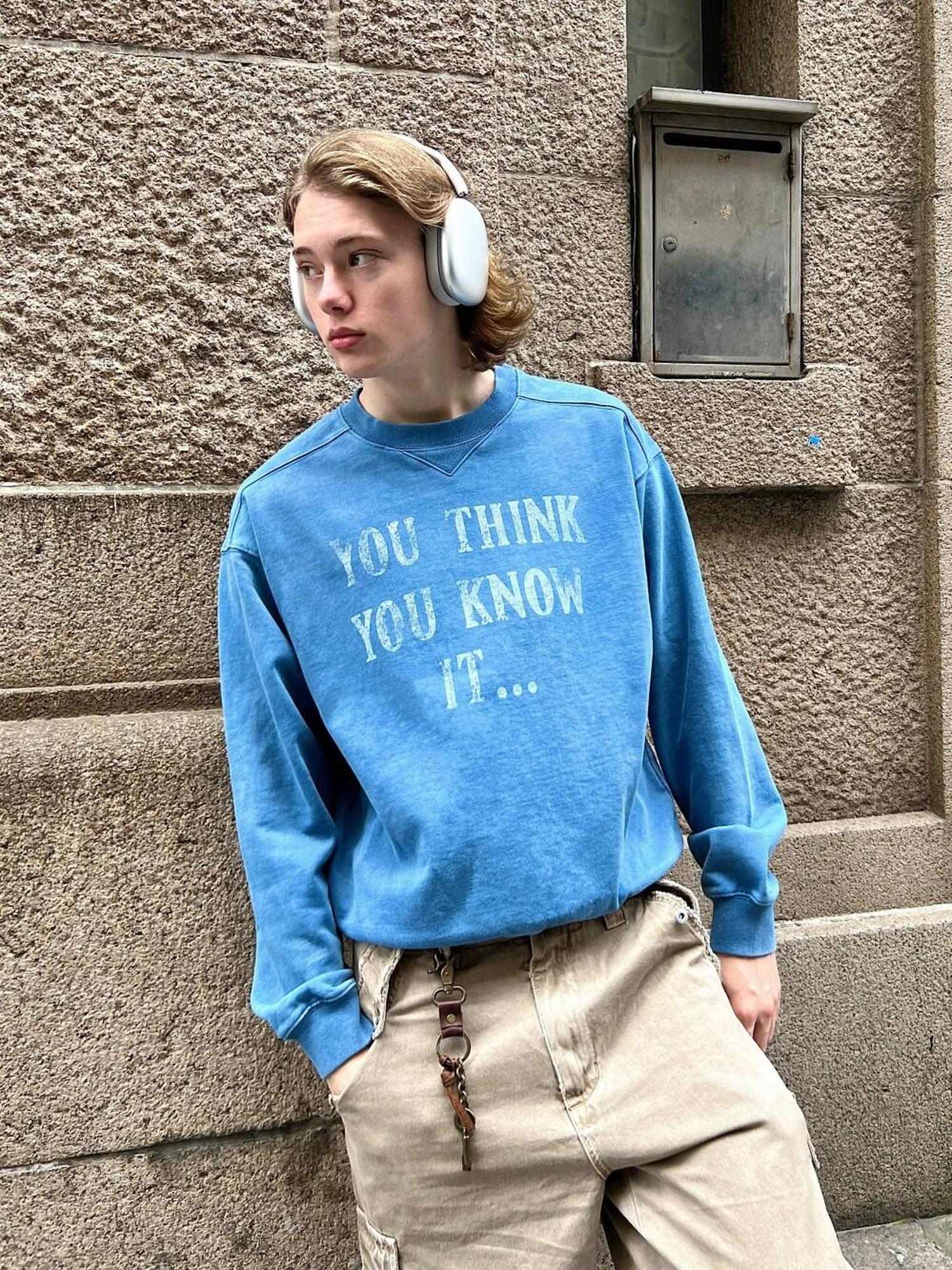 VLABMADE Cotton Terry Printed Loose Fit Drop Shoulder Casual Men Blue Crew Sweatshirts