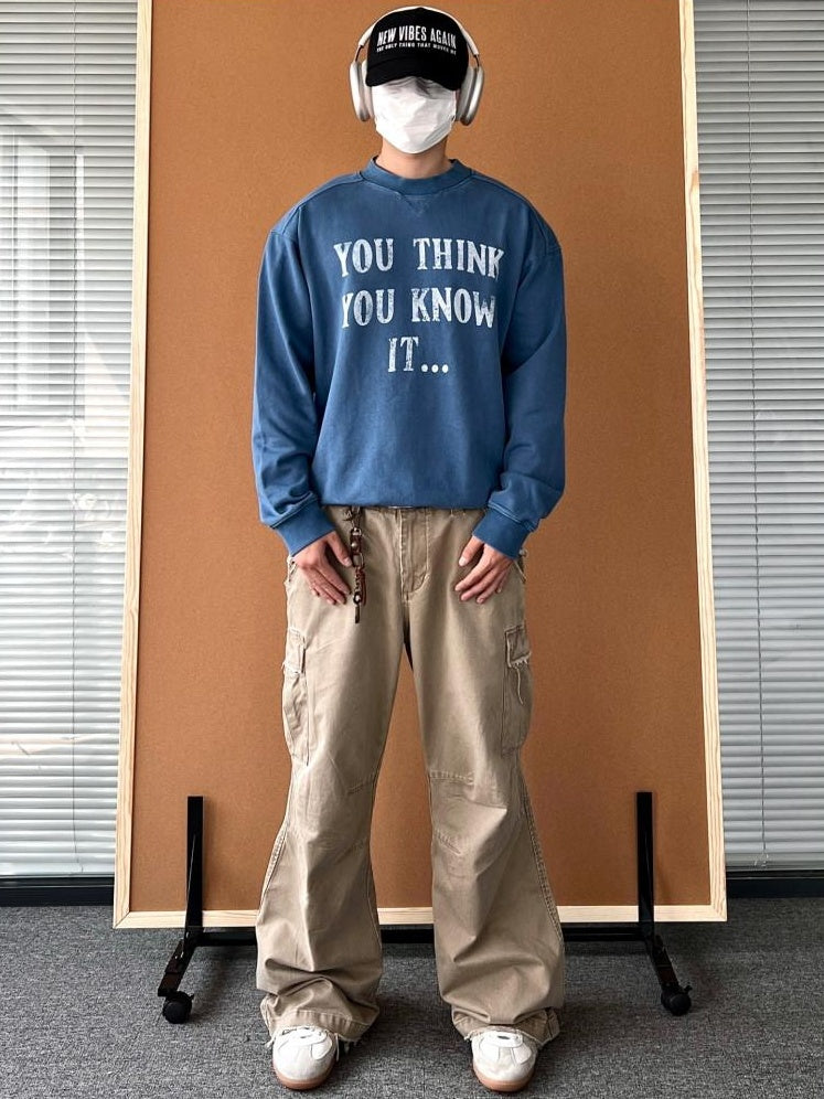 VLABMADE Cotton Terry Printed Loose Fit Drop Shoulder Casual Men Blue Crew Sweatshirts