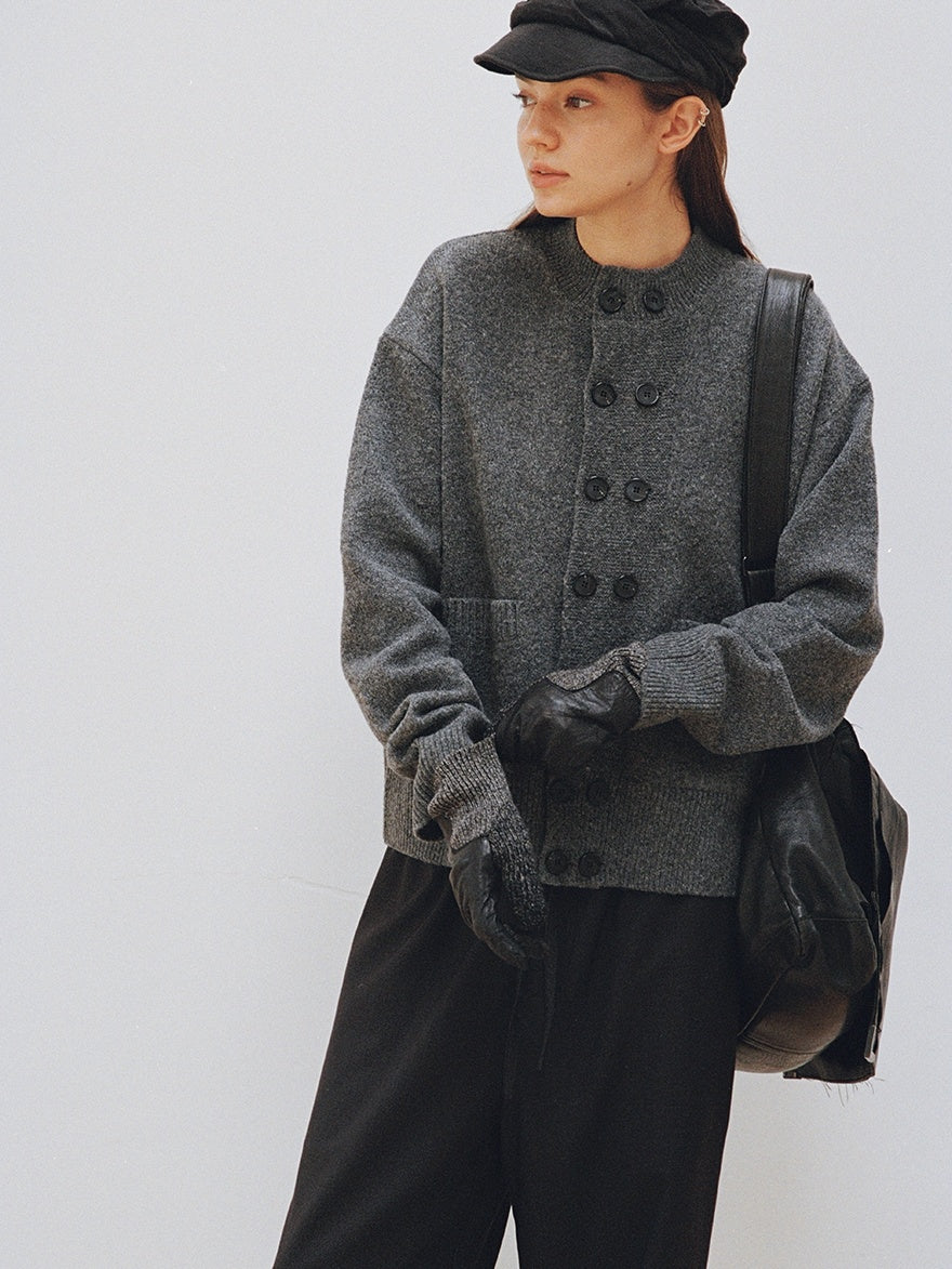 VLABMADE Cozy Wool Double Breasted Loose Fit Short Half Collar Unisex Daily Cardigans