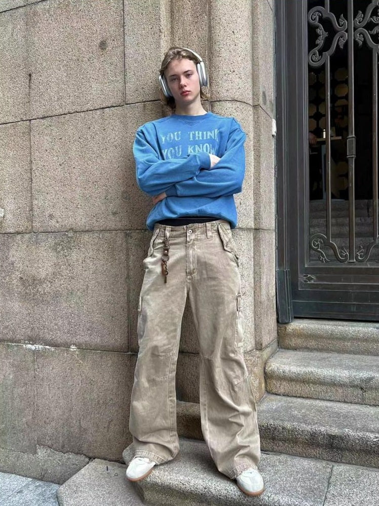 VLABMADE Distressed Cotton Loose Straight Leg Pockets 3D Cut Youth Classic Cargo Pants
