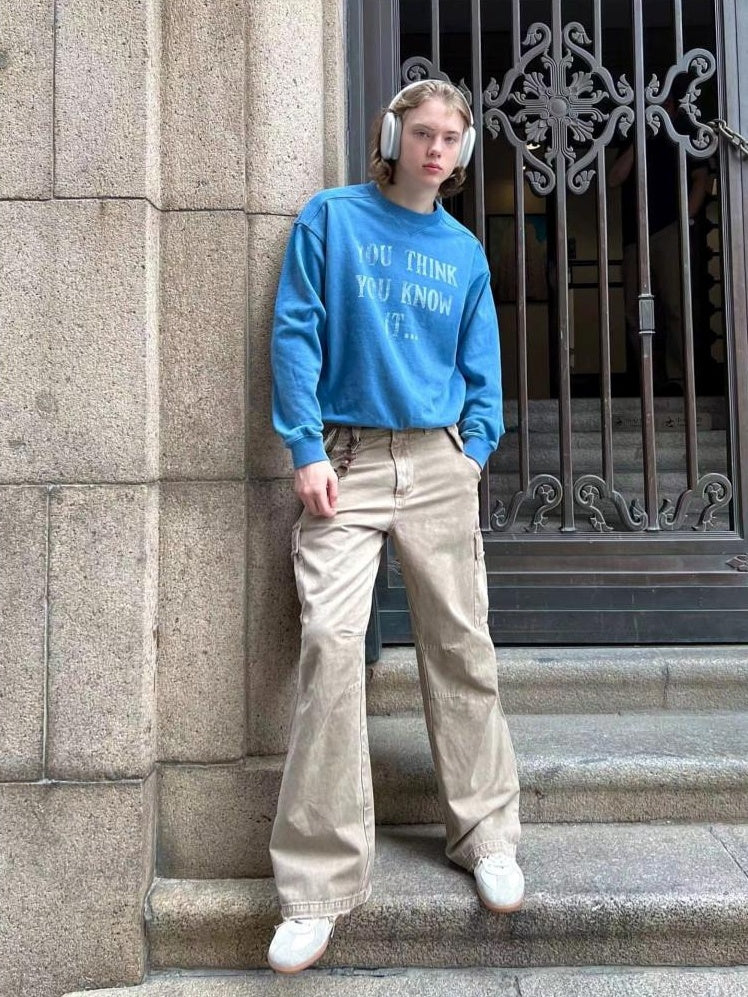 VLABMADE Distressed Cotton Loose Straight Leg Pockets 3D Cut Youth Classic Cargo Pants