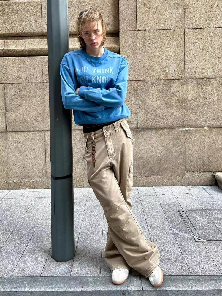 VLABMADE Distressed Cotton Loose Straight Leg Pockets 3D Cut Youth Classic Cargo Pants