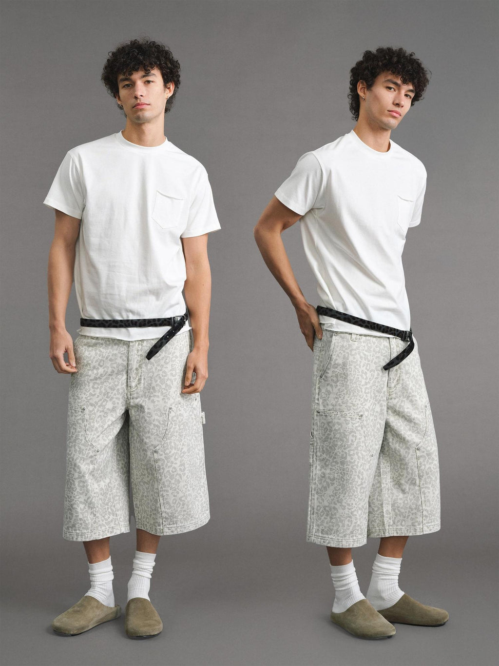 VLABMADE Distressed Leopard Print Wide Leg Loose Fit Mid Rise Cotton Unisex Cargo Shorts