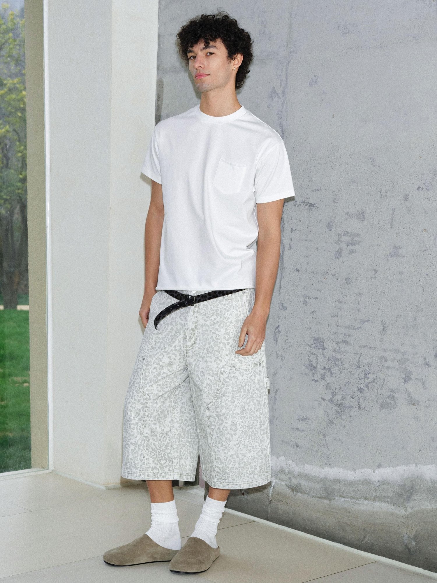 VLABMADE Distressed Leopard Print Wide Leg Loose Fit Mid Rise Cotton Unisex Cargo Shorts