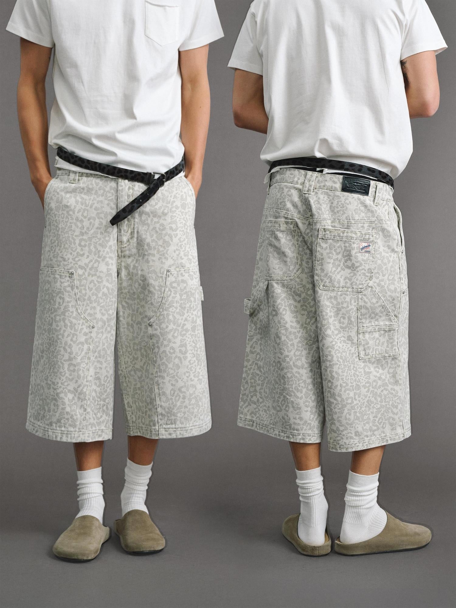 VLABMADE Distressed Leopard Print Wide Leg Loose Fit Mid Rise Cotton Unisex Cargo Shorts