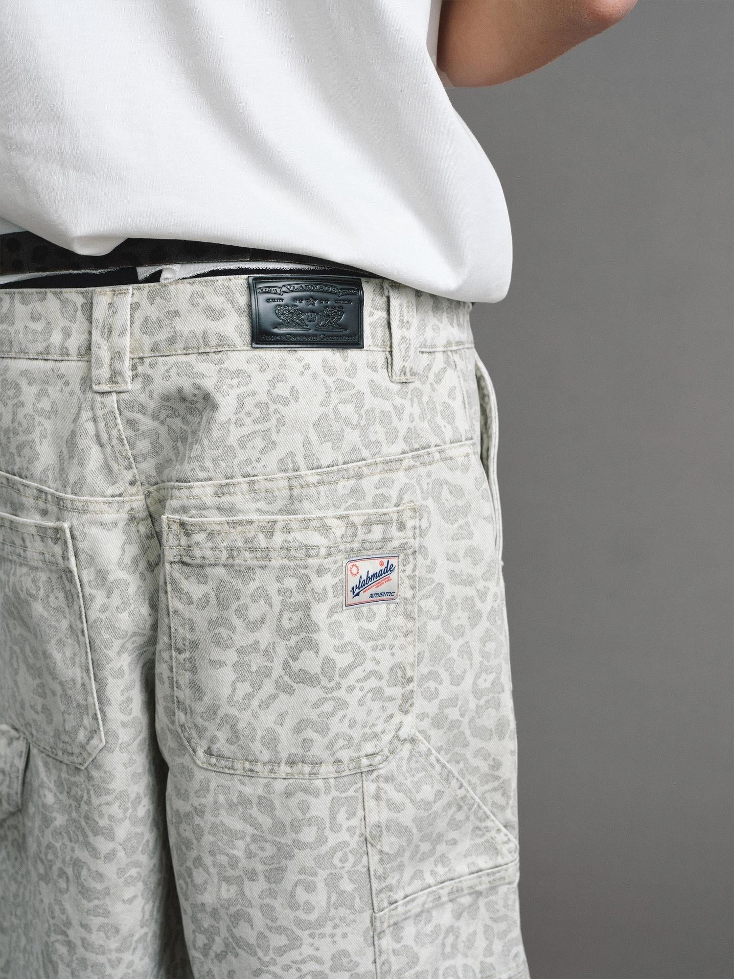 VLABMADE Distressed Leopard Print Wide Leg Loose Fit Mid Rise Cotton Unisex Cargo Shorts